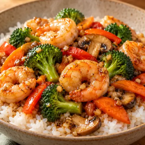 Shrimp stir-fry with colorful vegetables over rice