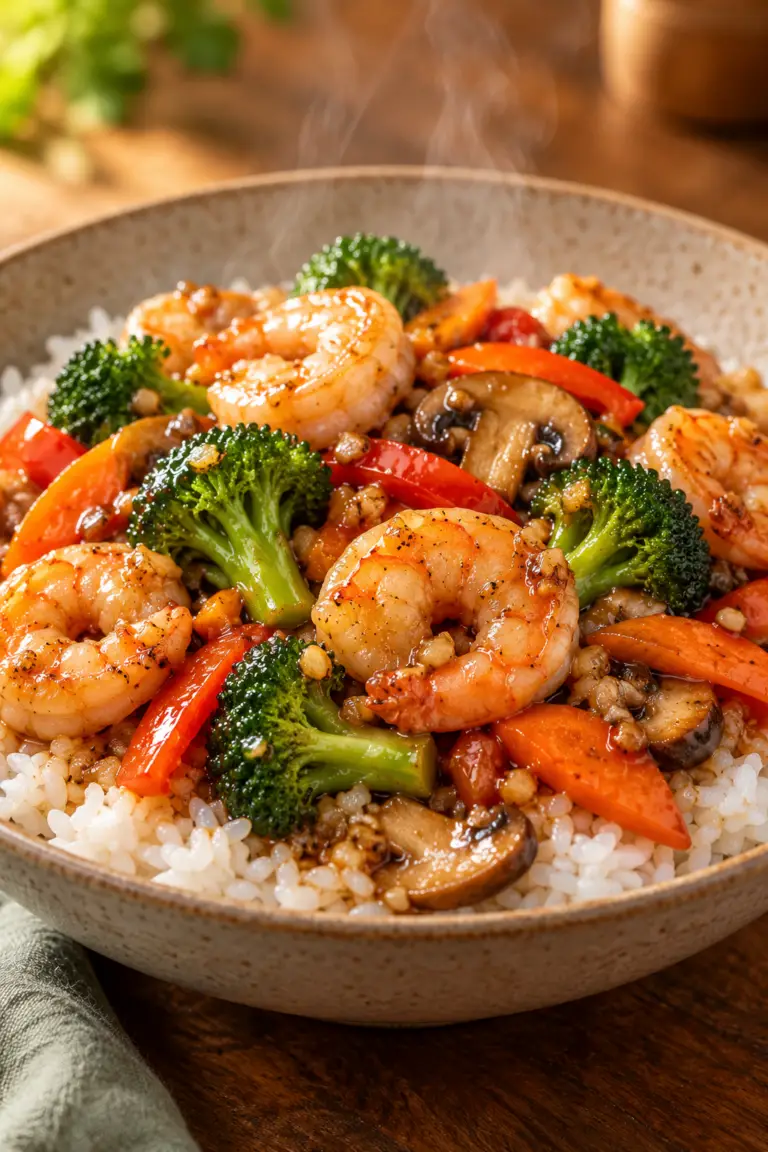 Shrimp stir-fry with colorful vegetables over rice