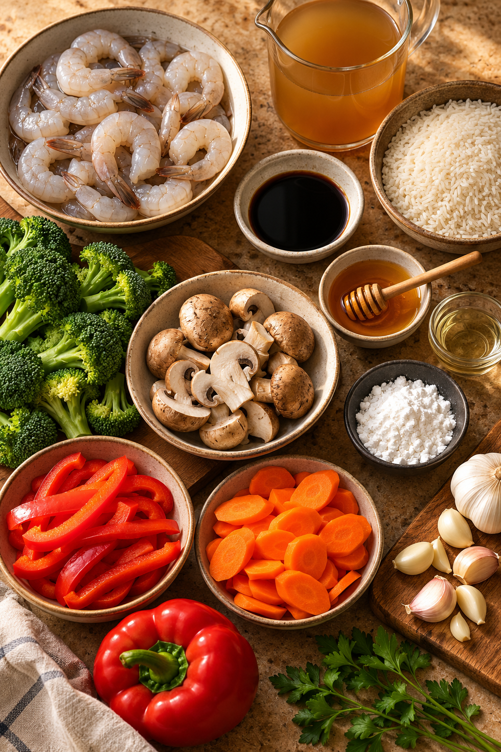 Ingredients for easy vegetable shrimp stir fry