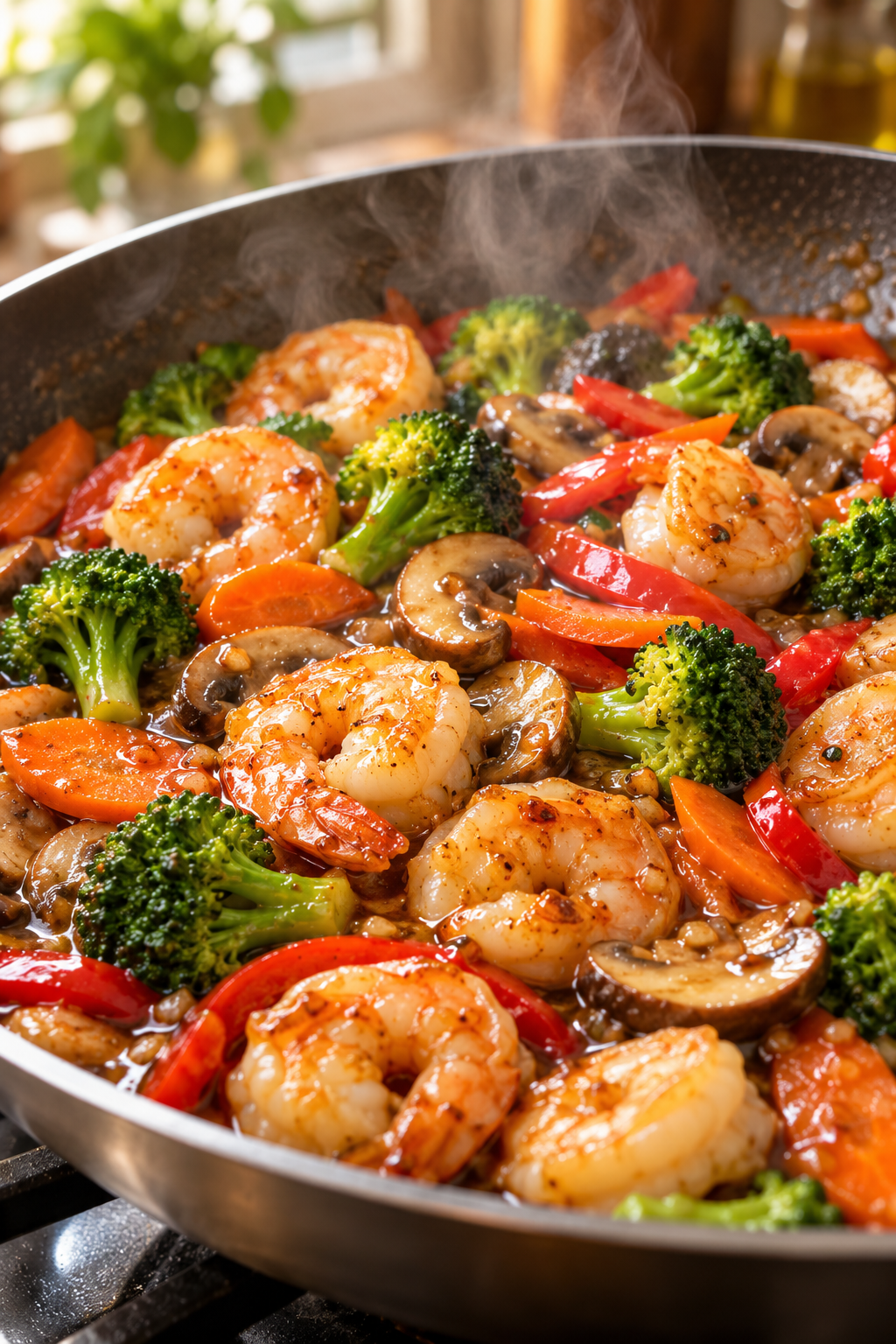 Stir-fry vegetables and sauce in a skillet