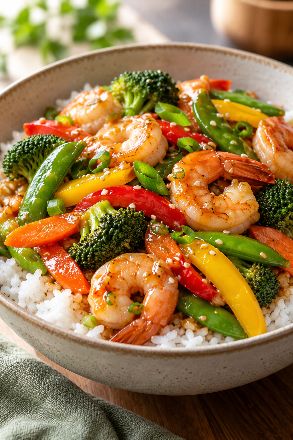 Finished easy vegetable shrimp stir fry served over rice