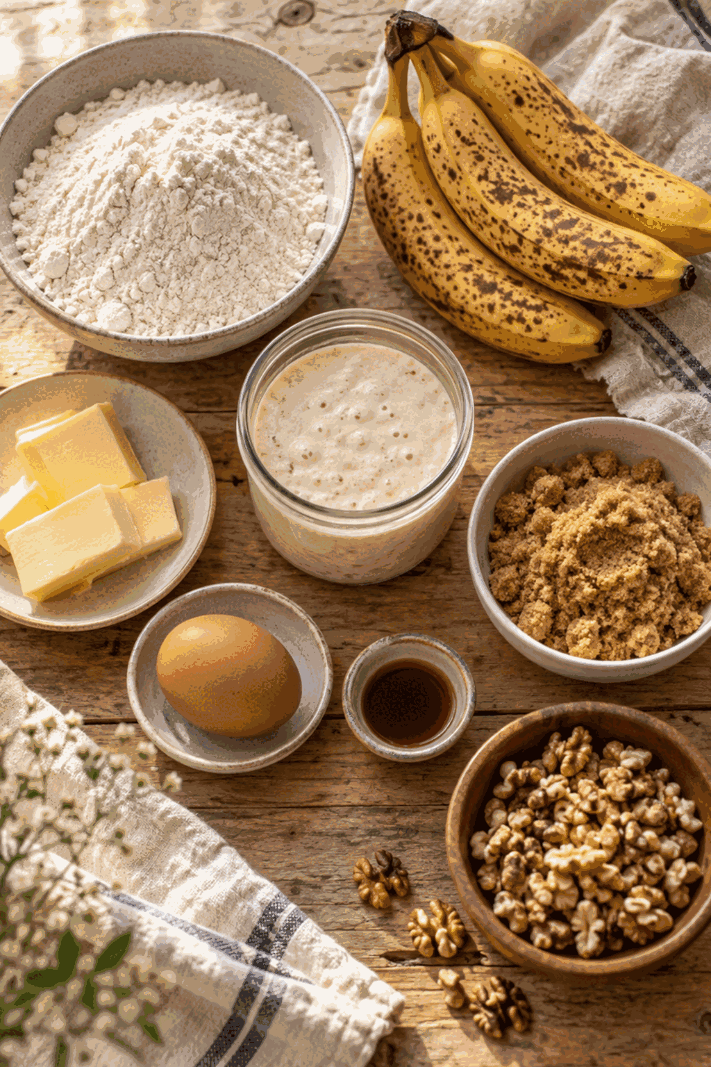 Ingredients for sourdough discard banana bread