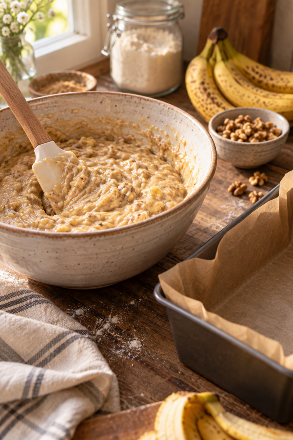 Banana bread batter ready for the oven