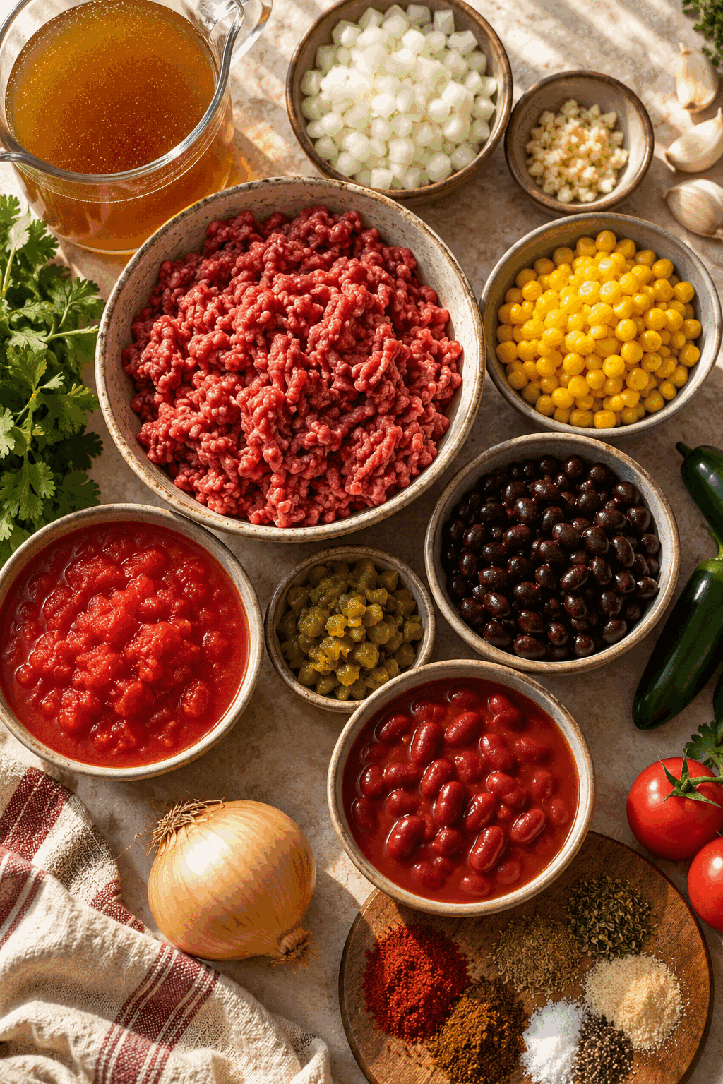 easy taco soup ingredients measured and arranged