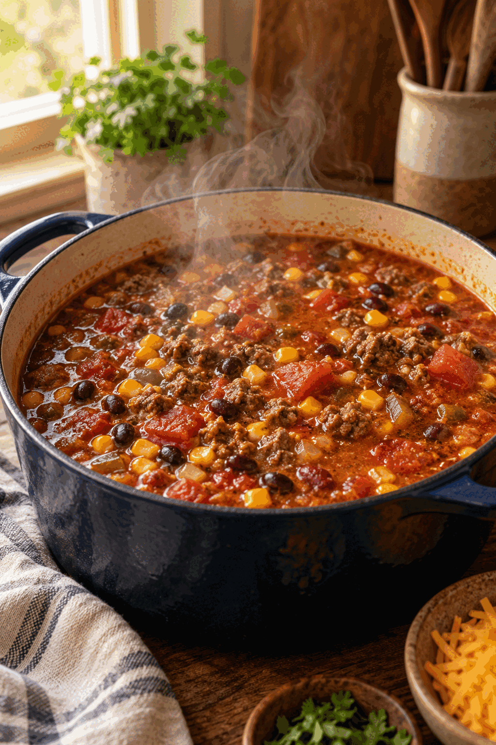 easy taco soup simmering in a Dutch oven