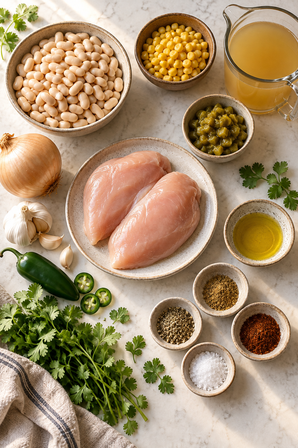 white bean chili ingredients measured in bowls