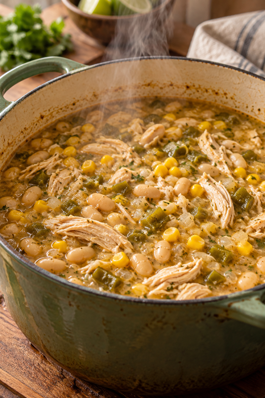 mixing white bean chili mixture in a bowl