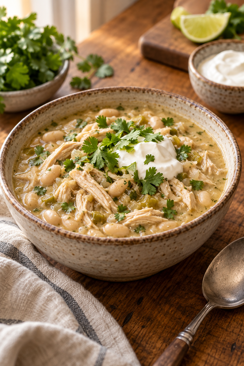 finished white bean chili ready to serve