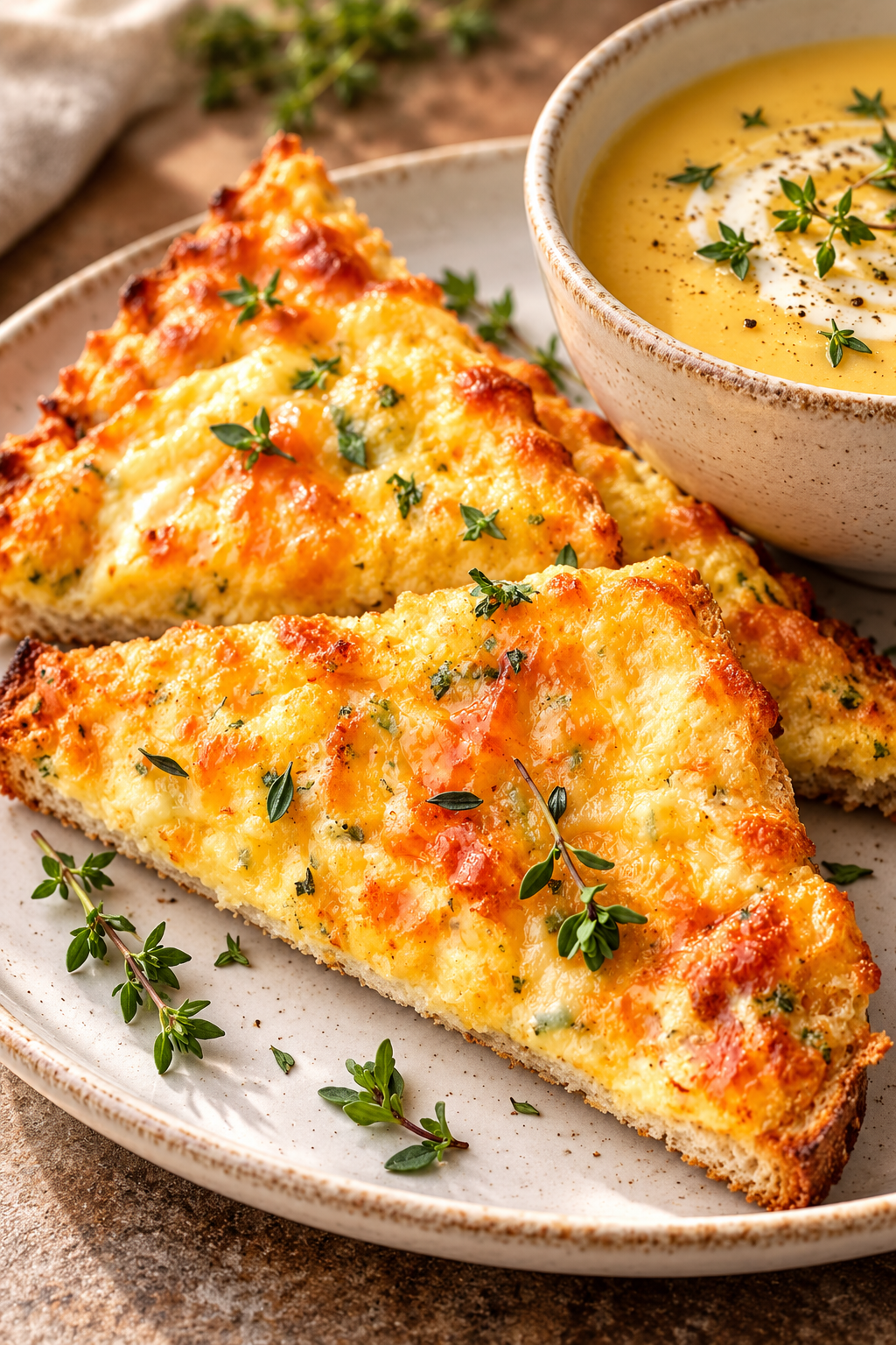 Crisp egg and cheese toasts served with soup
