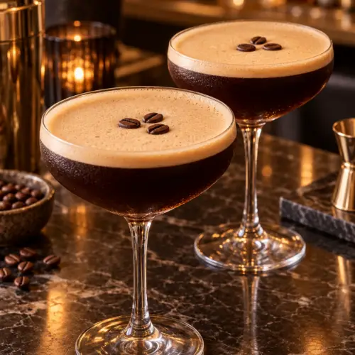 Espresso martini with coffee foam and three coffee beans