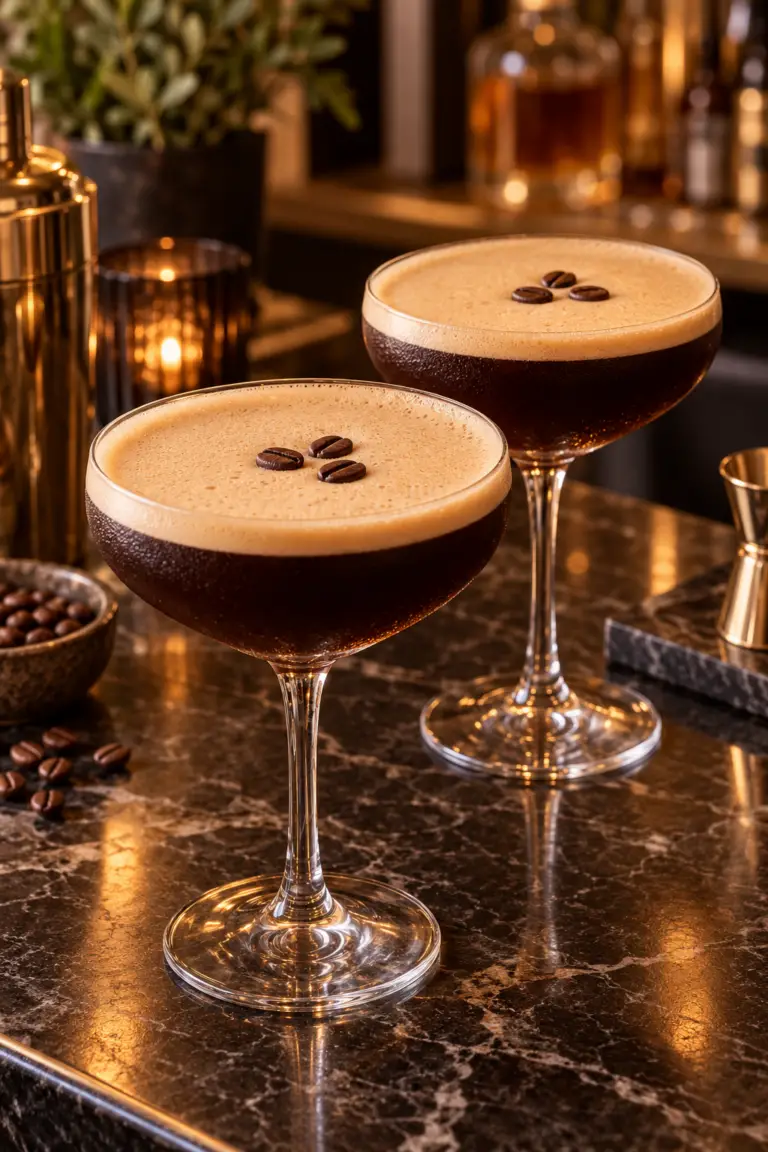 Espresso martini with coffee foam and three coffee beans