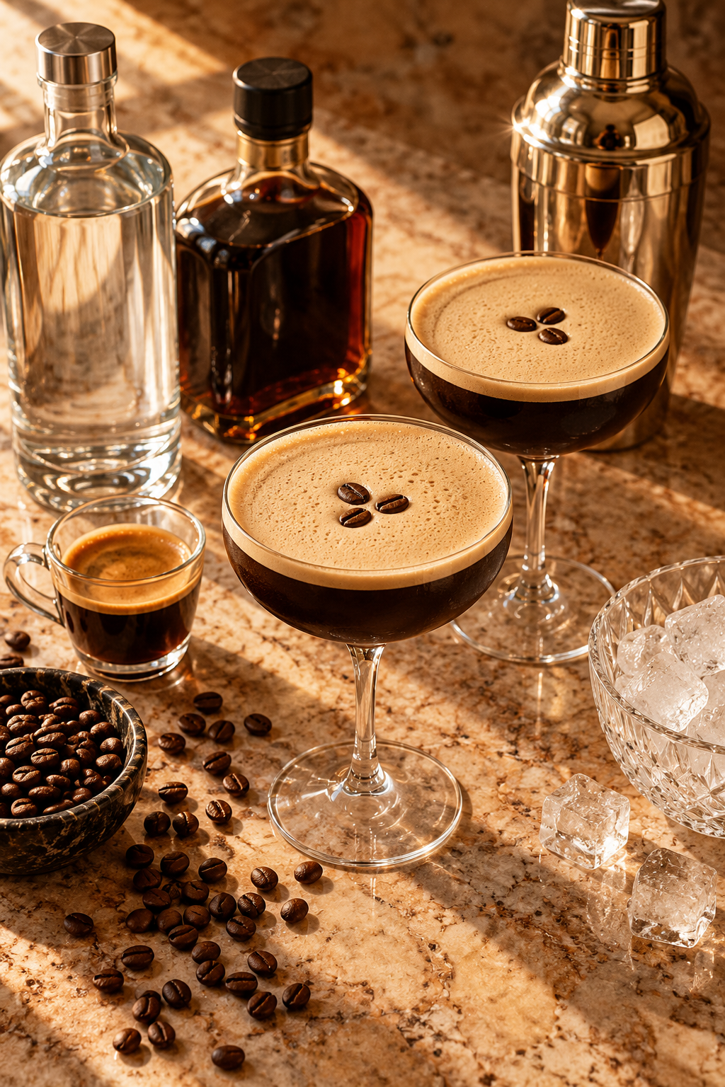 Ingredients for an espresso martini with espresso and coffee liqueur