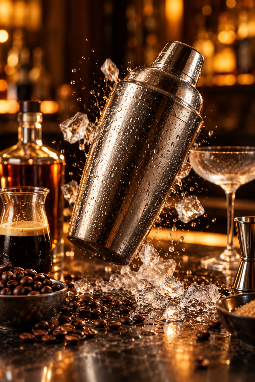 Espresso martini ingredients being shaken with ice