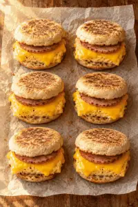 Freezer breakfast sandwiches with sheet-pan eggs, cheese, and ham