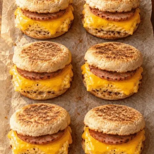 Freezer breakfast sandwiches with sheet-pan eggs, cheese, and ham