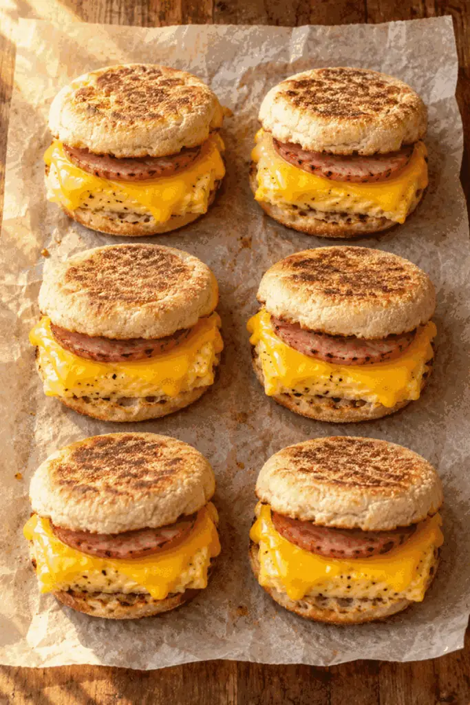 Freezer breakfast sandwiches with sheet-pan eggs, cheese, and ham
