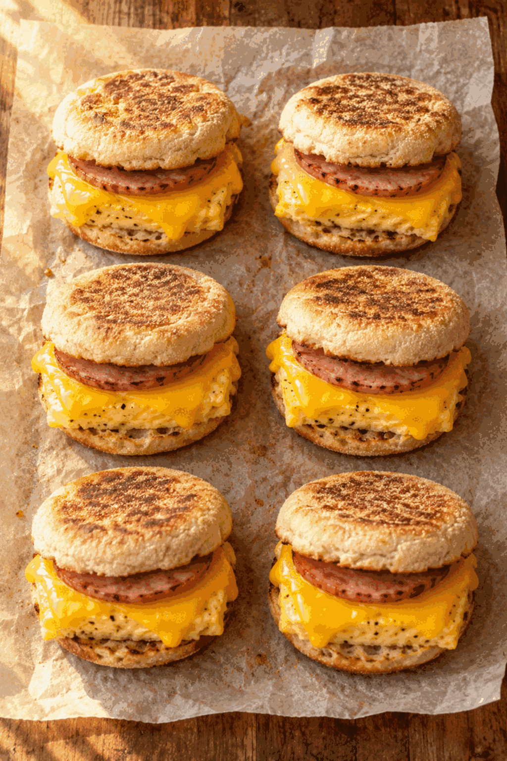 Freezer breakfast sandwiches with sheet-pan eggs, cheese, and ham