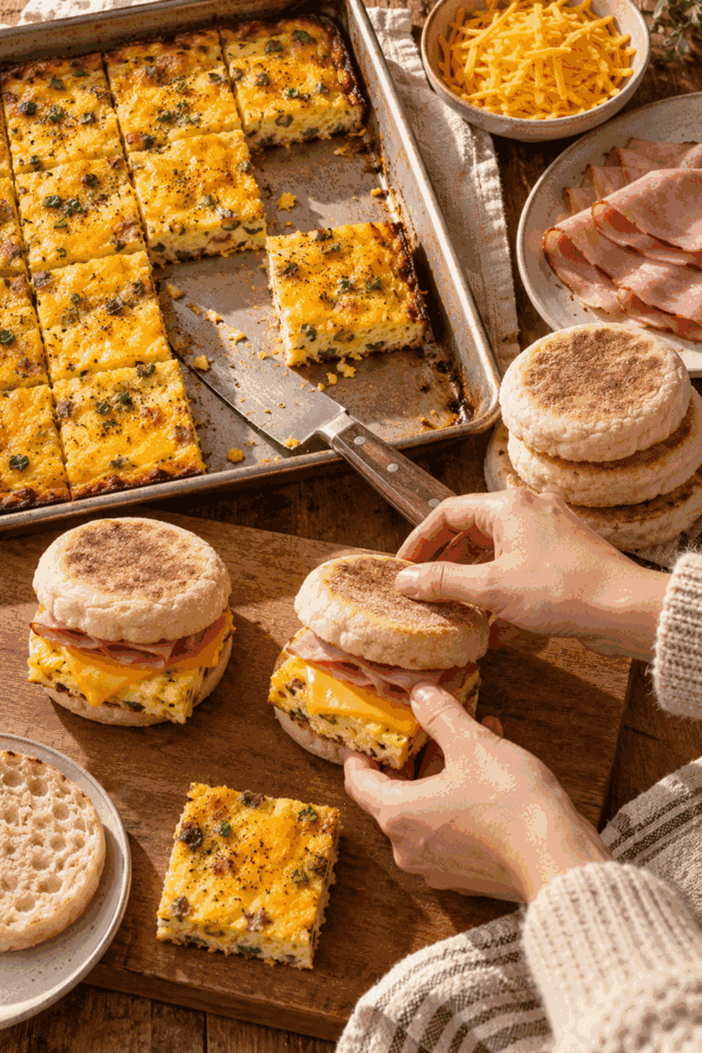 Sheet-pan eggs being assembled for freezer breakfast sandwiches
