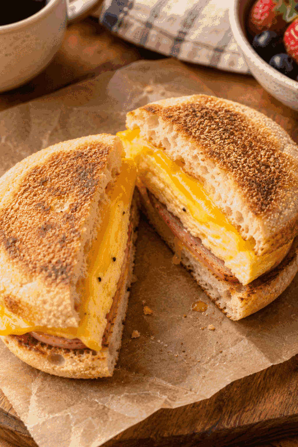 Finished freezer breakfast sandwich with egg, cheese, and ham