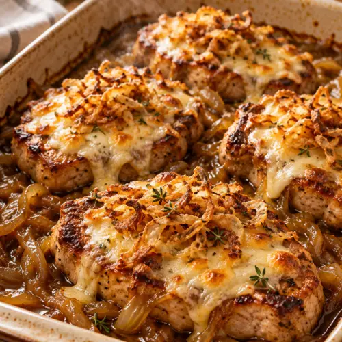 French onion pork chops with melted cheese and crispy fried onions