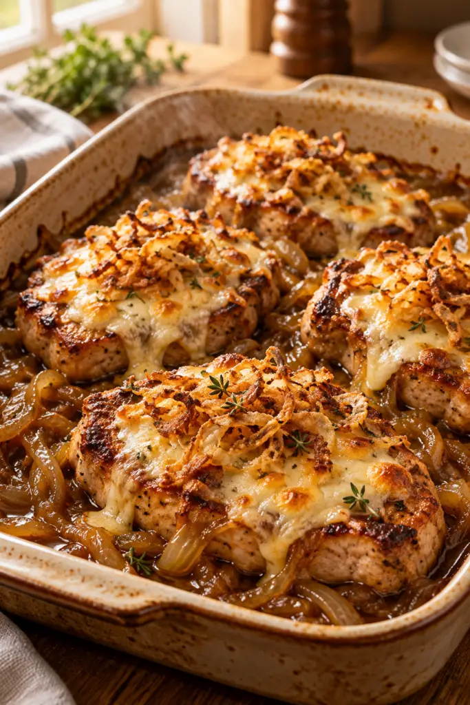 French onion pork chops with melted cheese and crispy fried onions