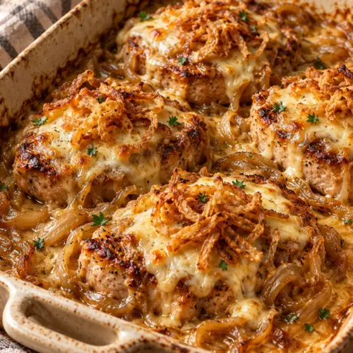 French onion pork chops in a baking dish