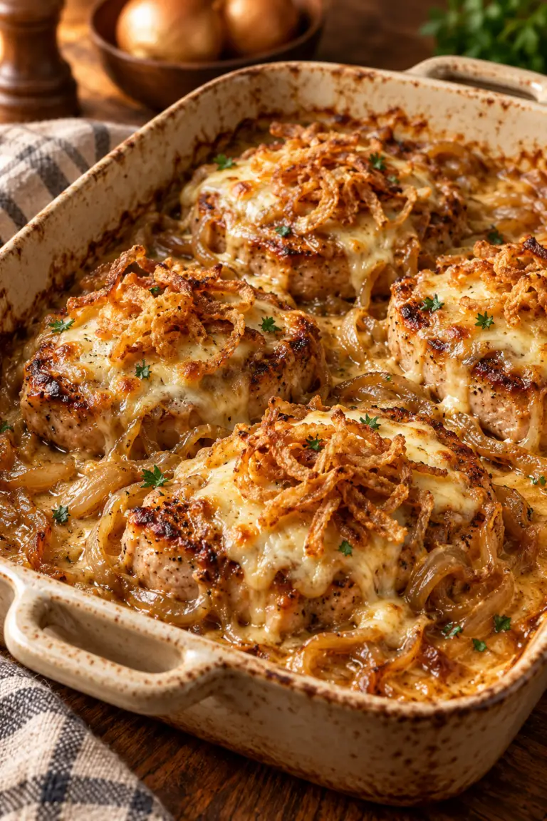 French onion pork chops in a baking dish