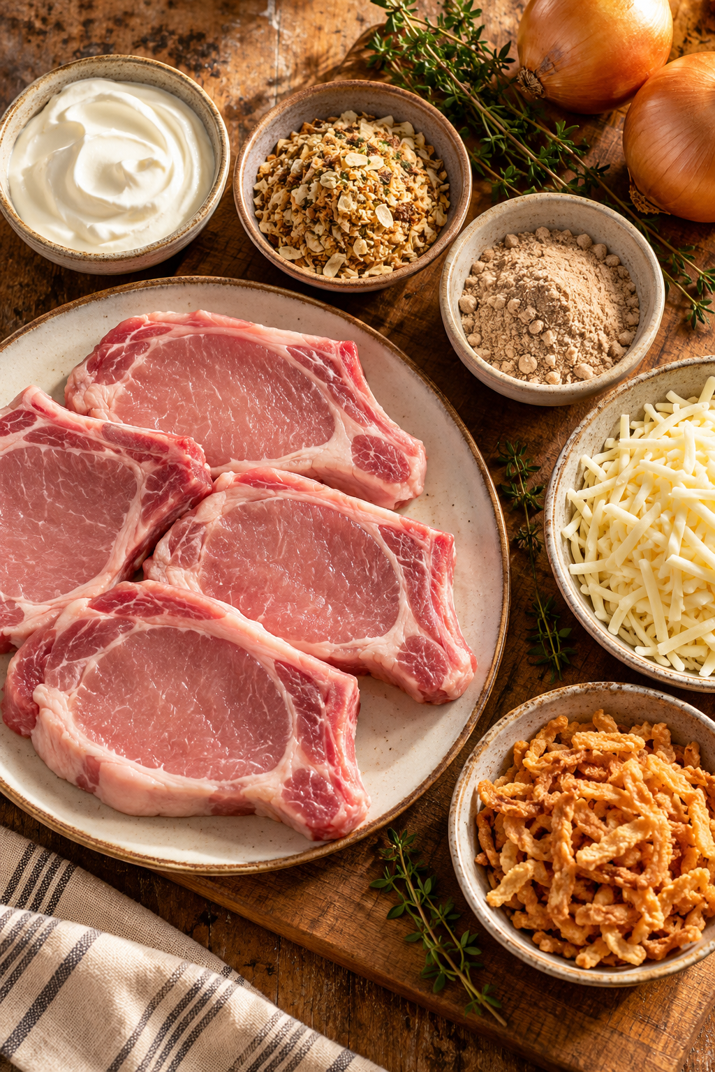 Ingredients for French onion pork chops arranged for baking