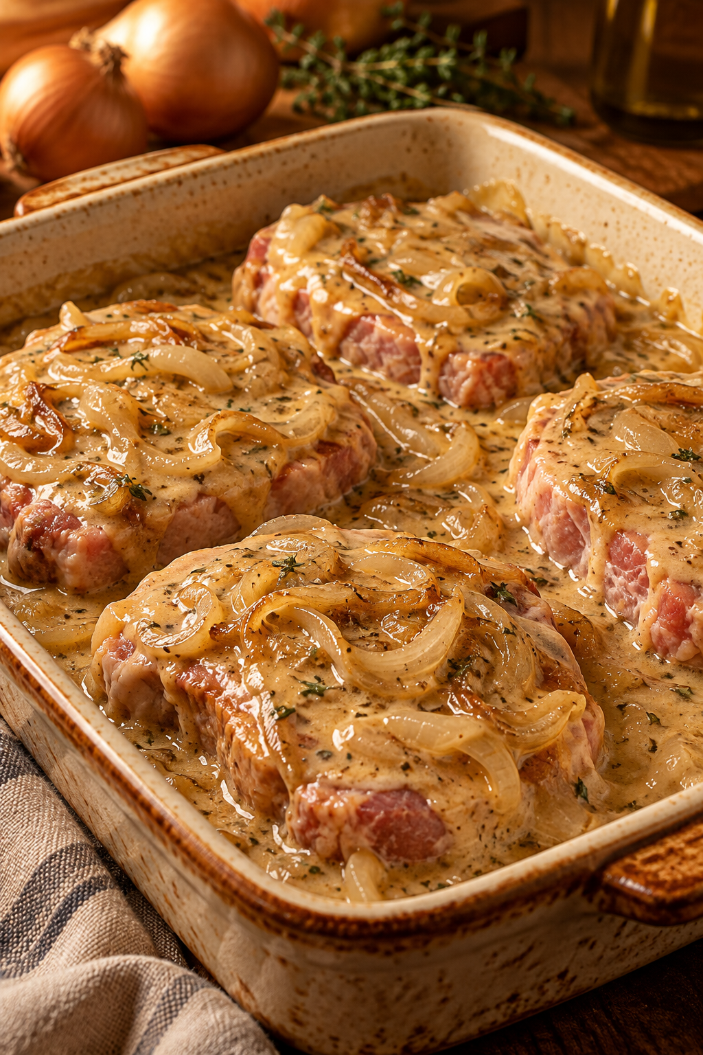French onion pork chops covered with creamy onion sauce before baking