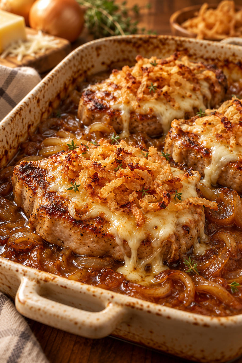 French onion pork chops being topped with cheese and fried onions