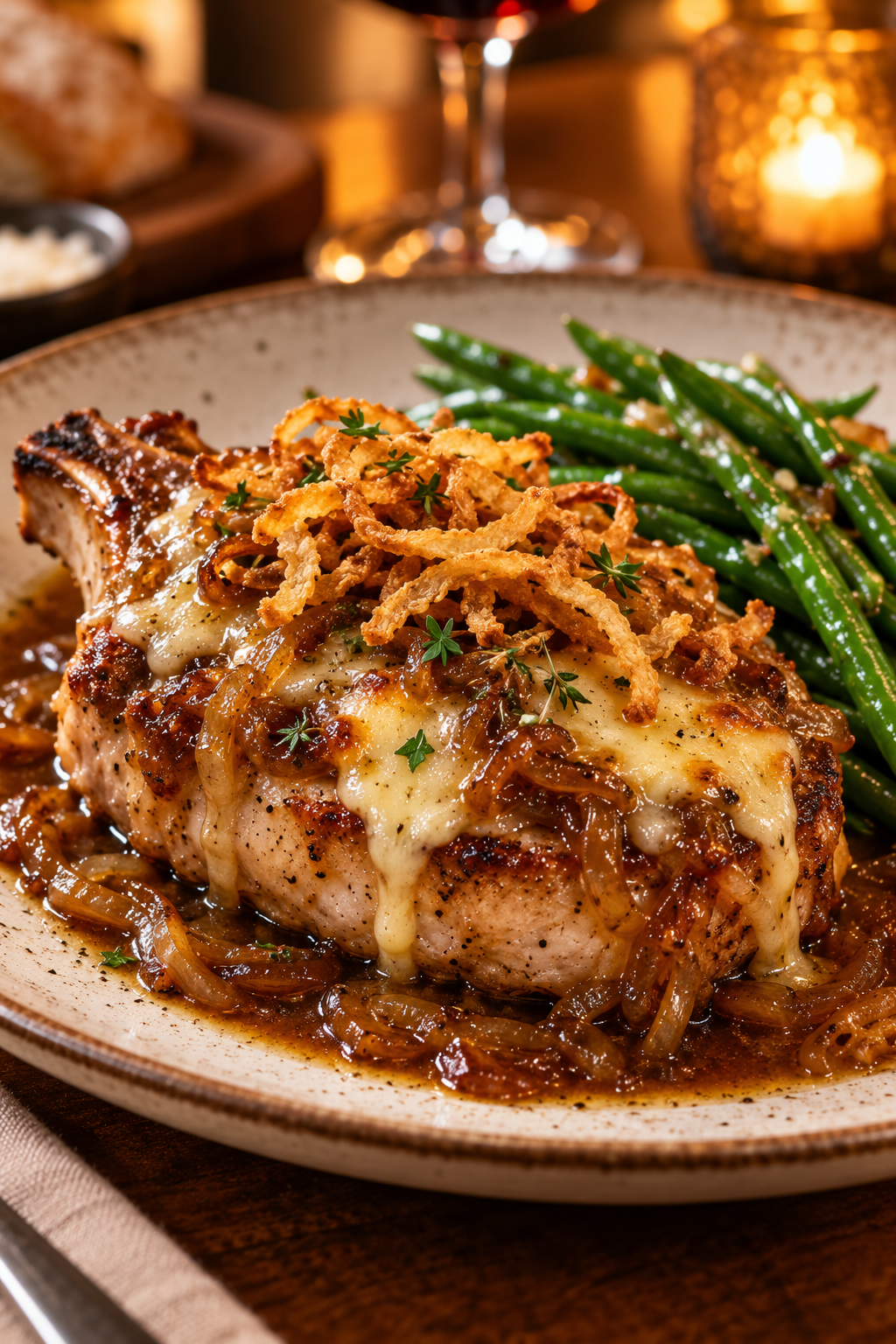 Baked French onion pork chops ready to serve