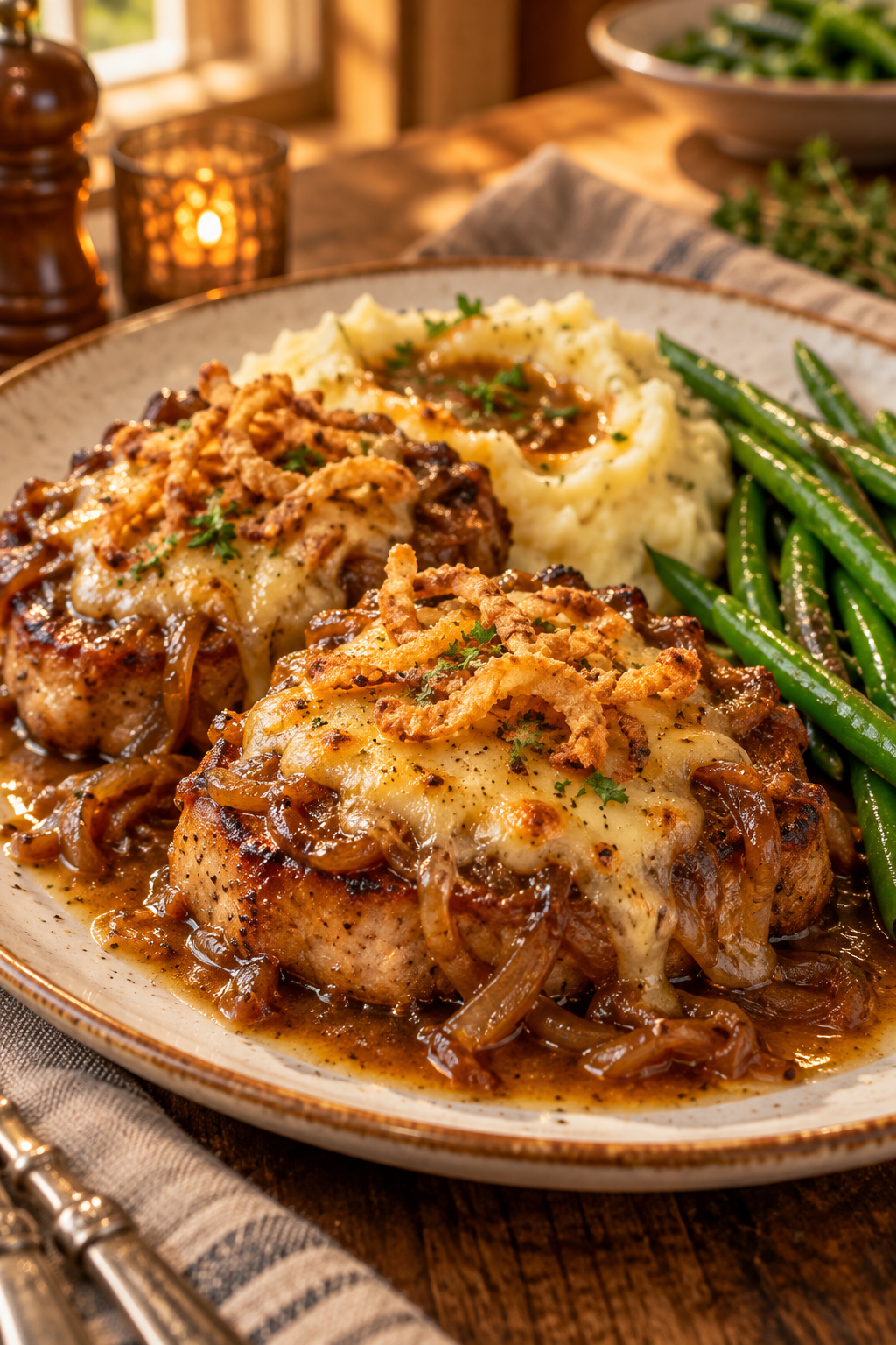 Baked French onion pork chops ready to serve