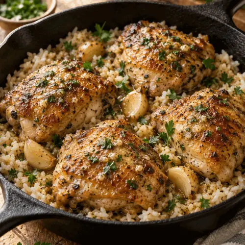 garlic butter chicken and rice in a skillet
