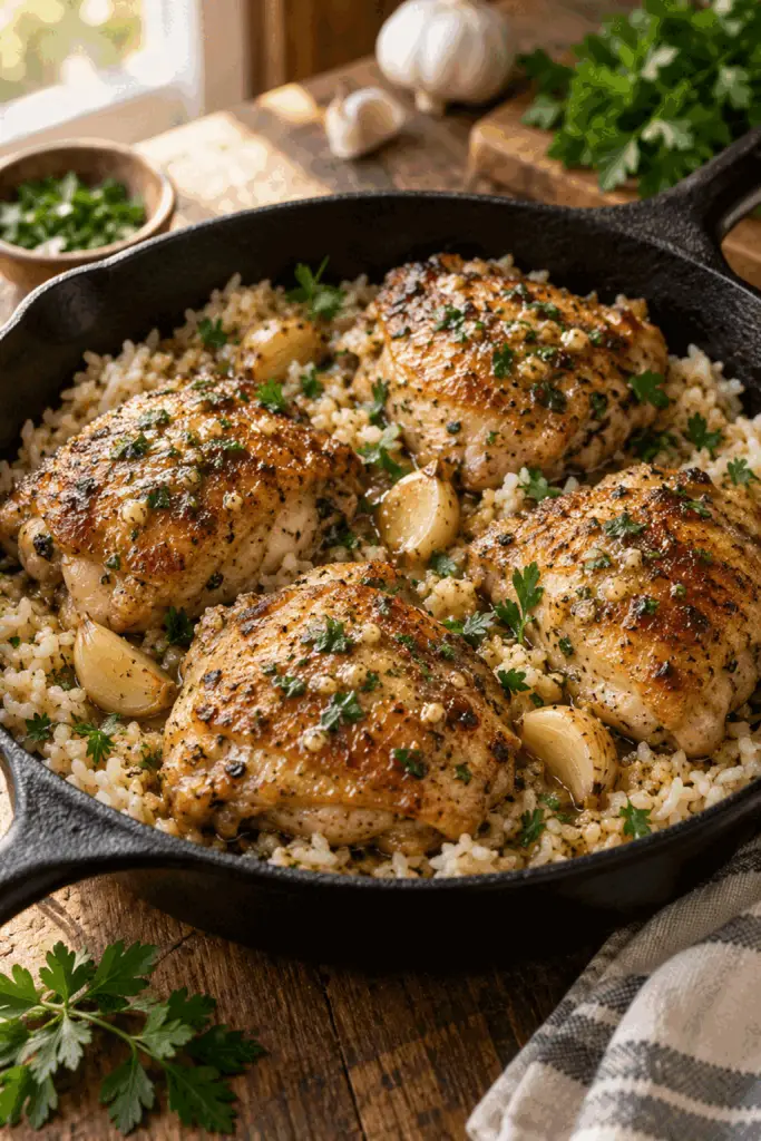 garlic butter chicken and rice in a skillet