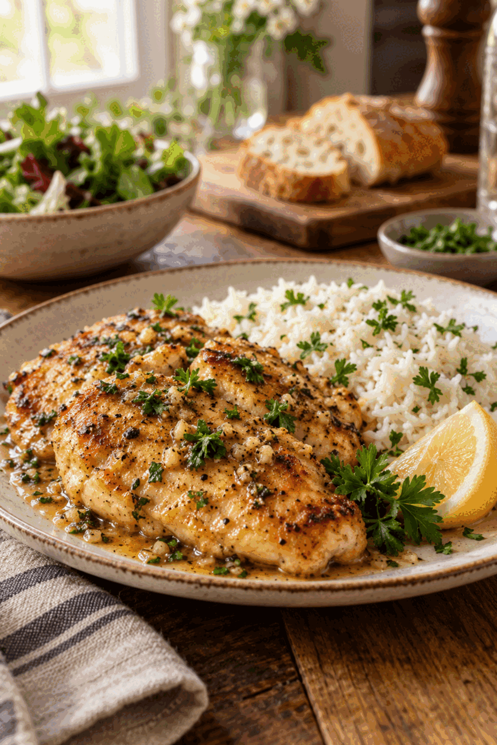 Finished garlic butter chicken and rice in a skillet