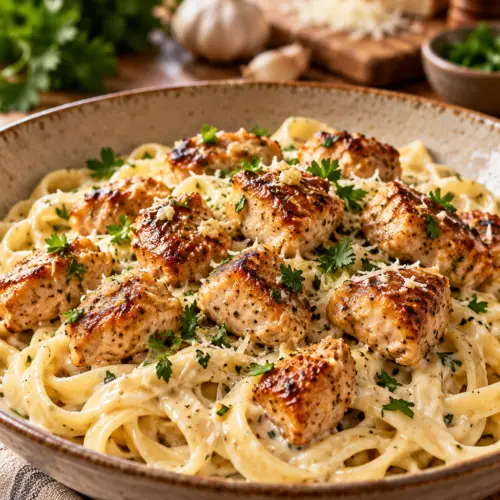 garlic butter chicken bites with creamy Parmesan pasta