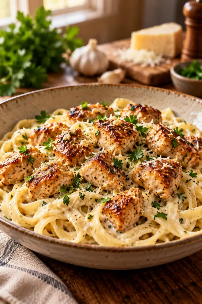 garlic butter chicken bites with creamy Parmesan pasta