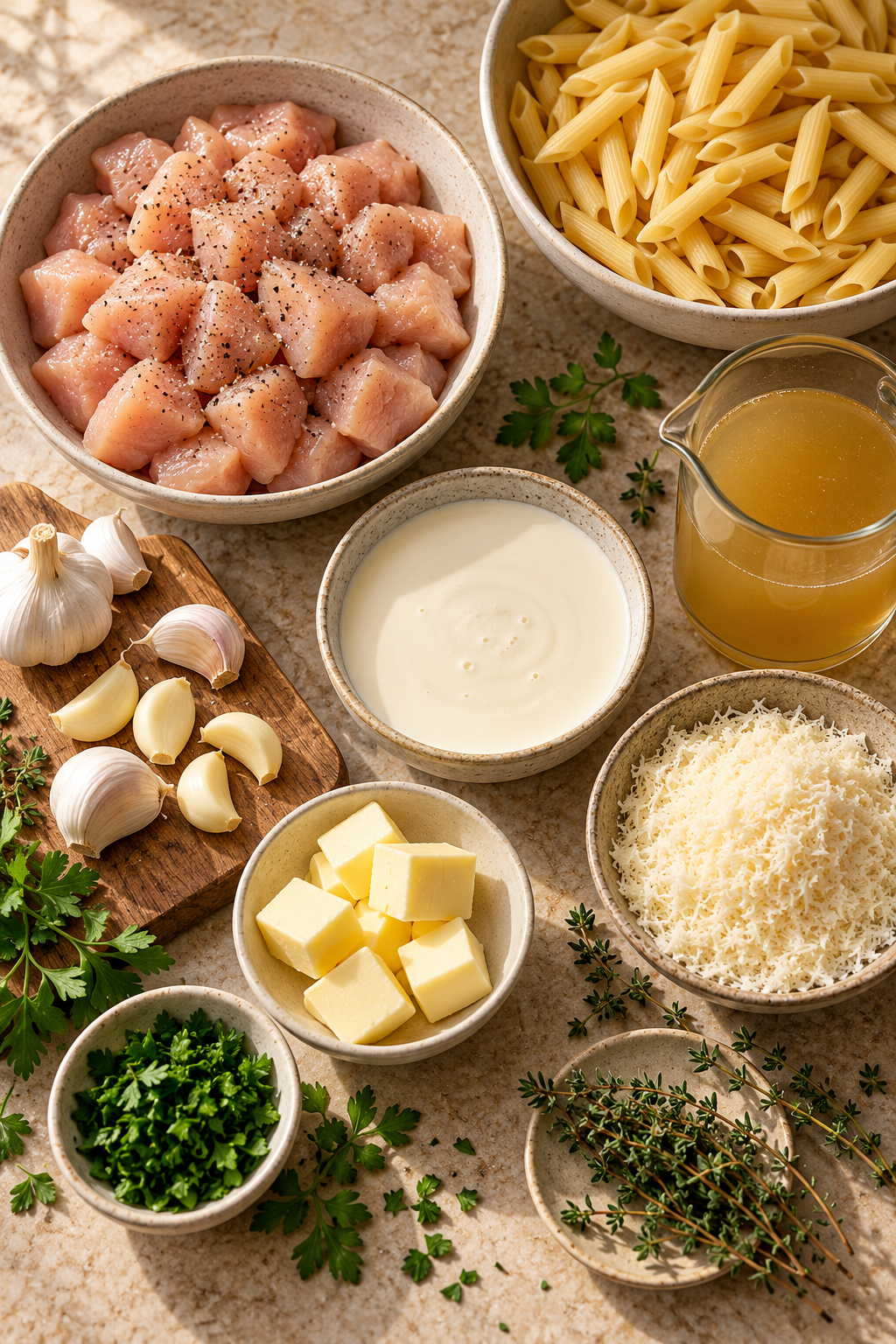 ingredients for garlic butter chicken bites and Parmesan pasta