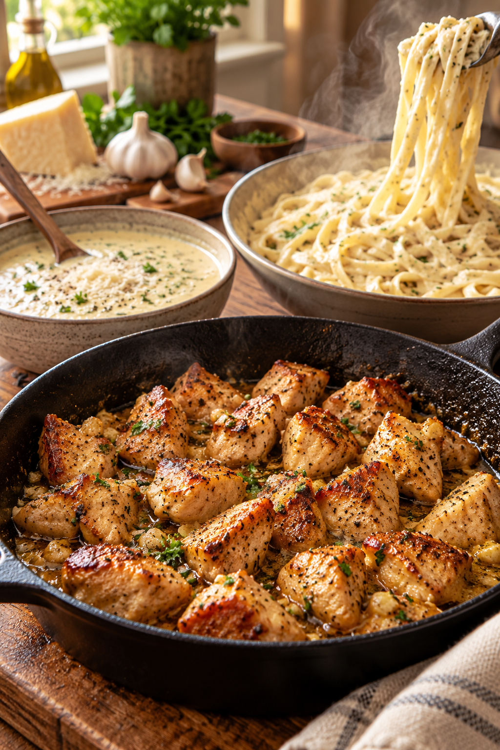cooking garlic butter chicken bites with creamy Parmesan sauce