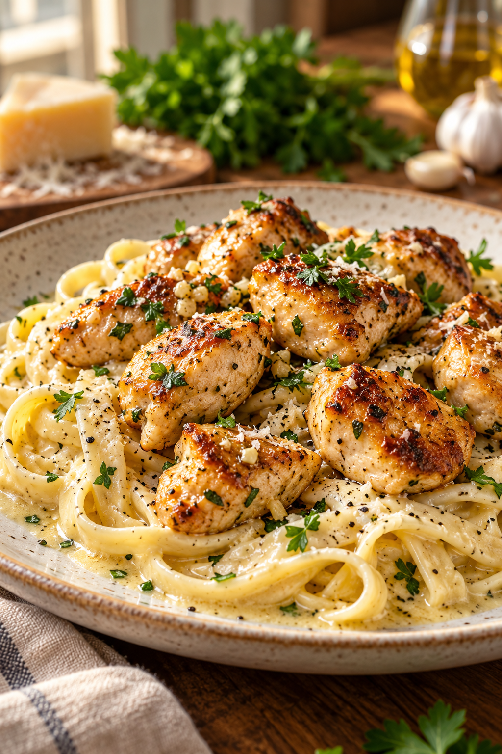 finished garlic butter chicken bites over creamy Parmesan pasta