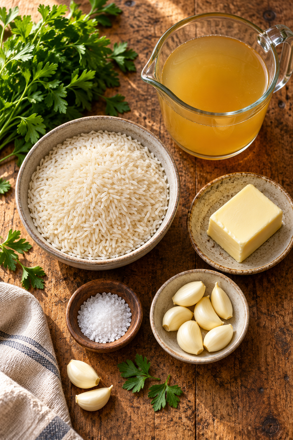 garlic butter rice ingredients arranged