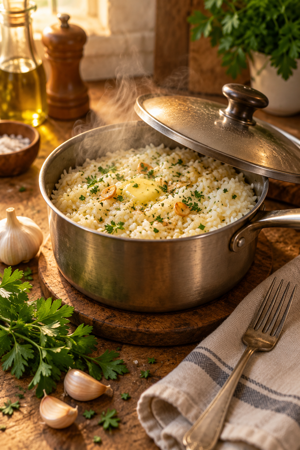 garlic butter rice simmering in a saucepan