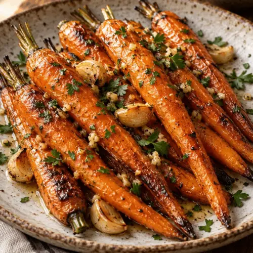garlic butter roasted carrots on a serving platter