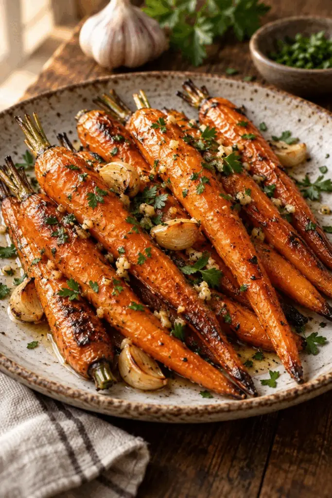 garlic butter roasted carrots on a serving platter