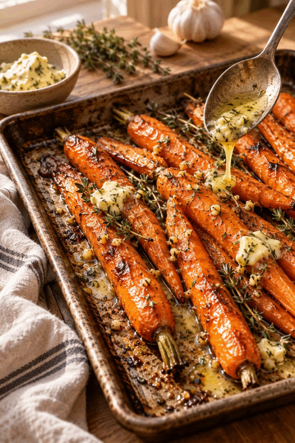 garlic butter roasted carrots roasting on a sheet pan