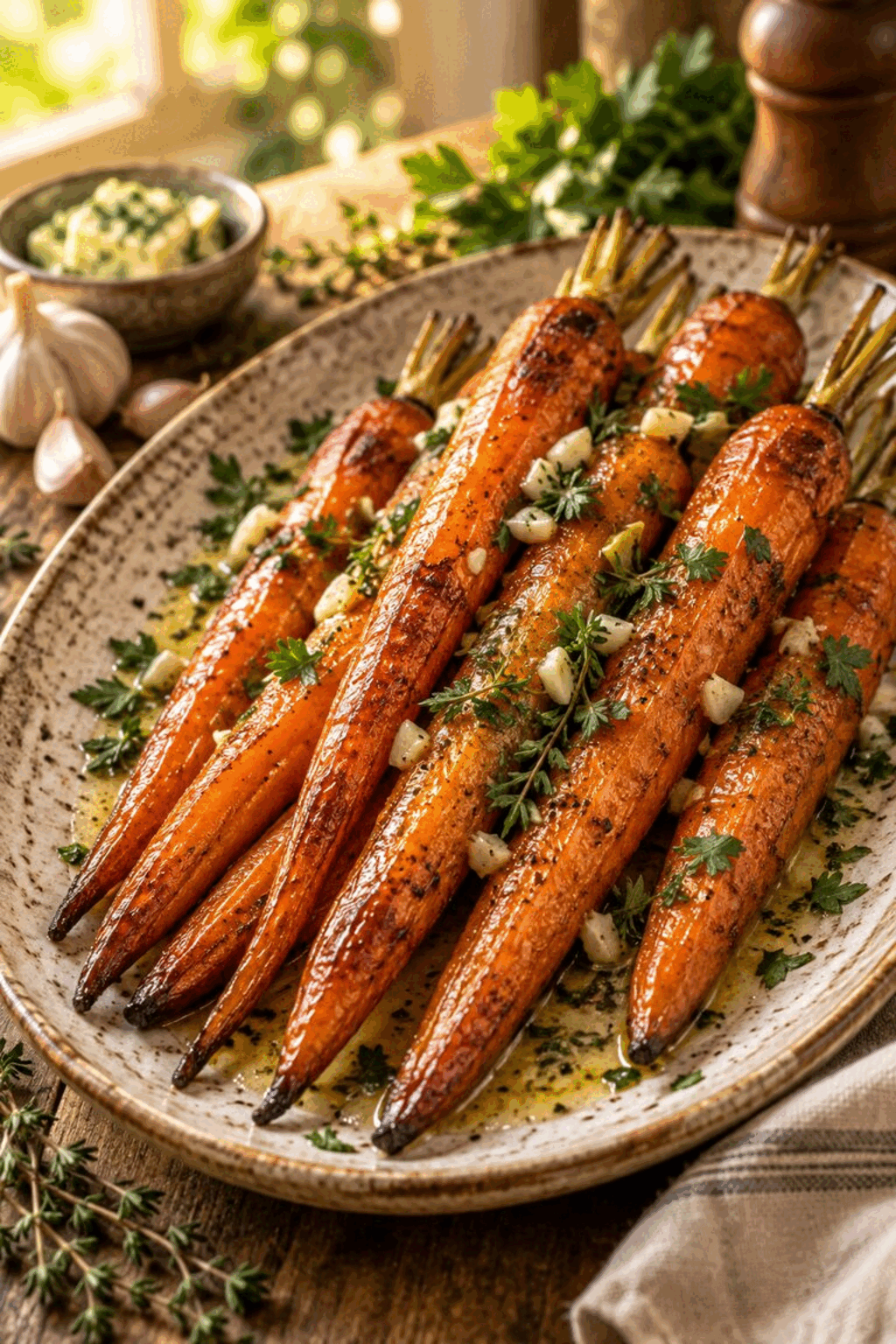 finished garlic butter roasted carrots with parsley