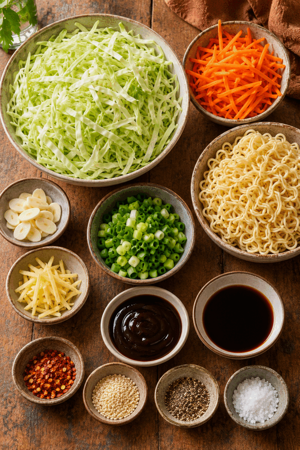 ingredients for cabbage stir fry arranged on a counter