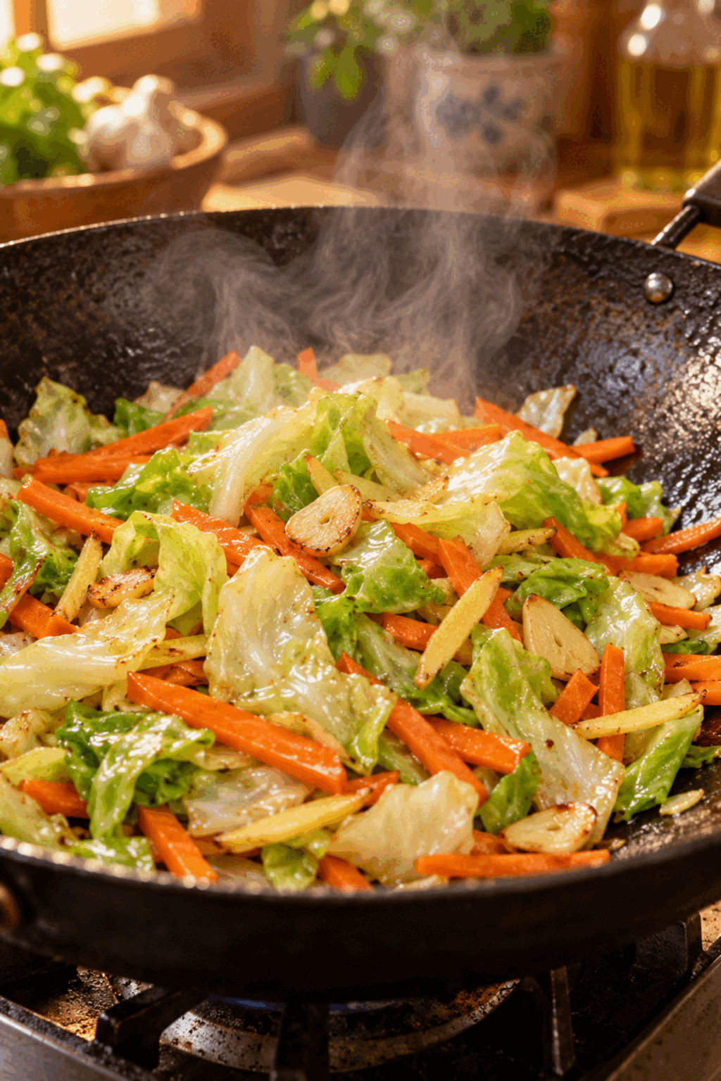 cabbage and carrots cooking for stir fry