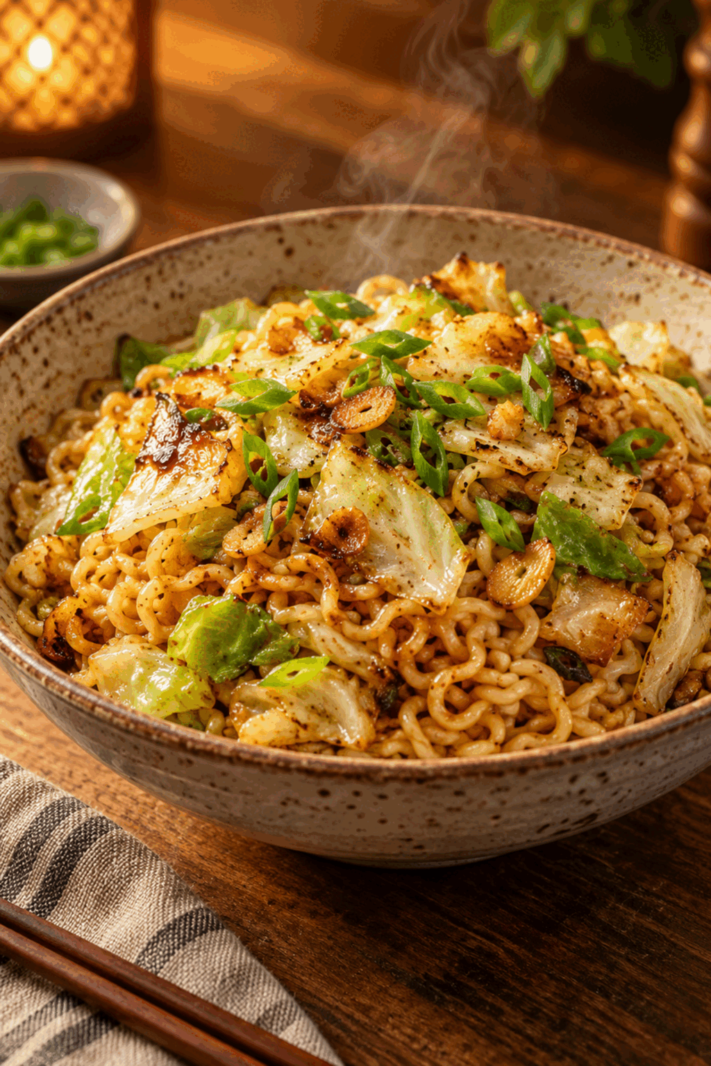 glossy cabbage stir fry with ramen noodles in a bowl