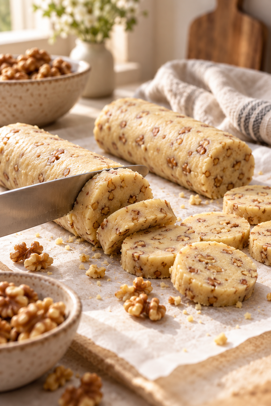 Slicing and baking walnut shortbread cookies